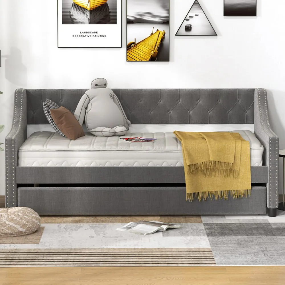 Single Trundle Bed with Backrest - Grey, Linen