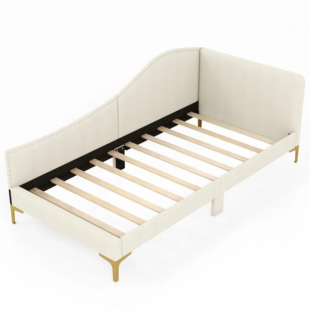 Single Upholstered Platform Bed with Metal Legs - Cream, Linen