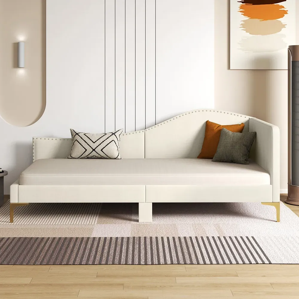 Single Upholstered Platform Bed with Metal Legs - Cream, Linen