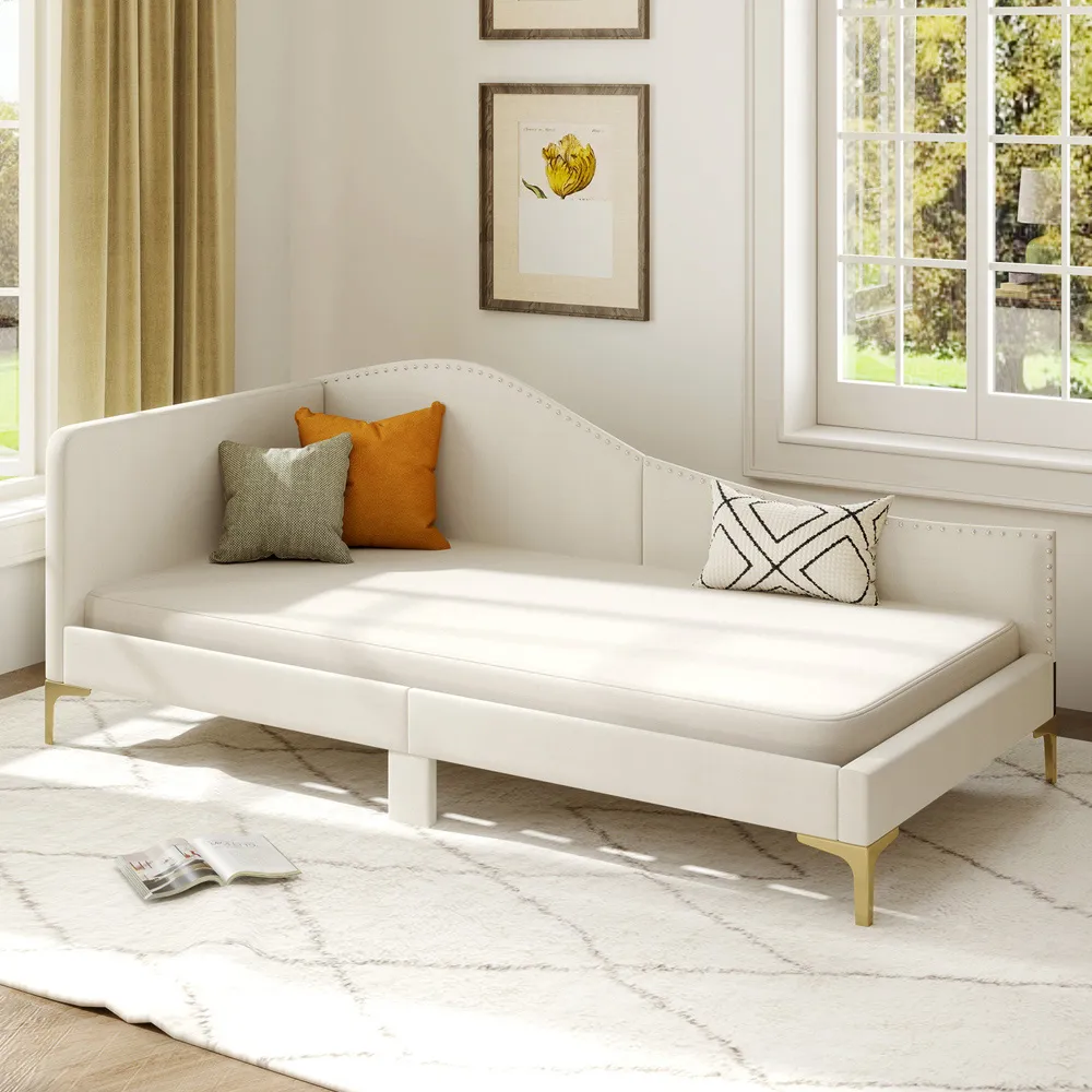 Single Upholstered Platform Bed with Metal Legs - Cream, Linen