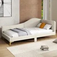 Single Upholstered Platform Bed with Metal Legs - Cream, Linen