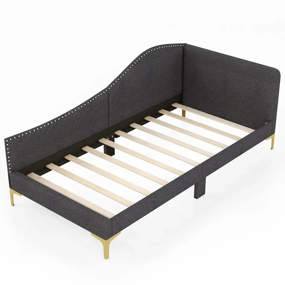 Single Upholstered Platform Bed with Metal Legs - Grey, Linen