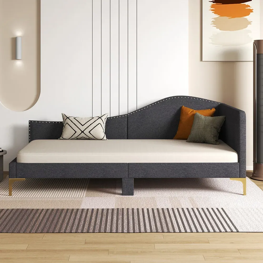 Single Upholstered Platform Bed with Metal Legs - Grey, Linen