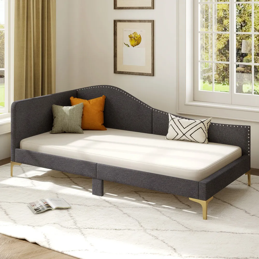Single Upholstered Platform Bed with Metal Legs - Grey, Linen