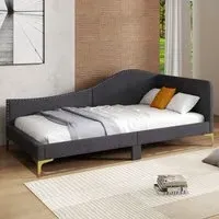 Single Upholstered Platform Bed with Metal Legs - Grey, Linen