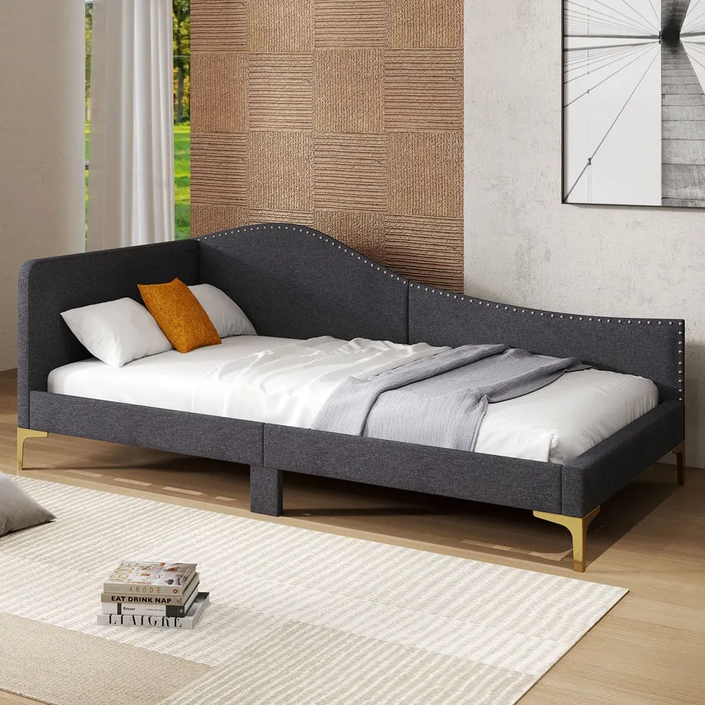 Single Upholstered Platform Bed with Metal Legs - Grey, Linen