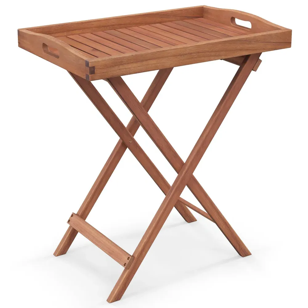 Slatted Top Folding Side Table - Cream, Acacia Wood