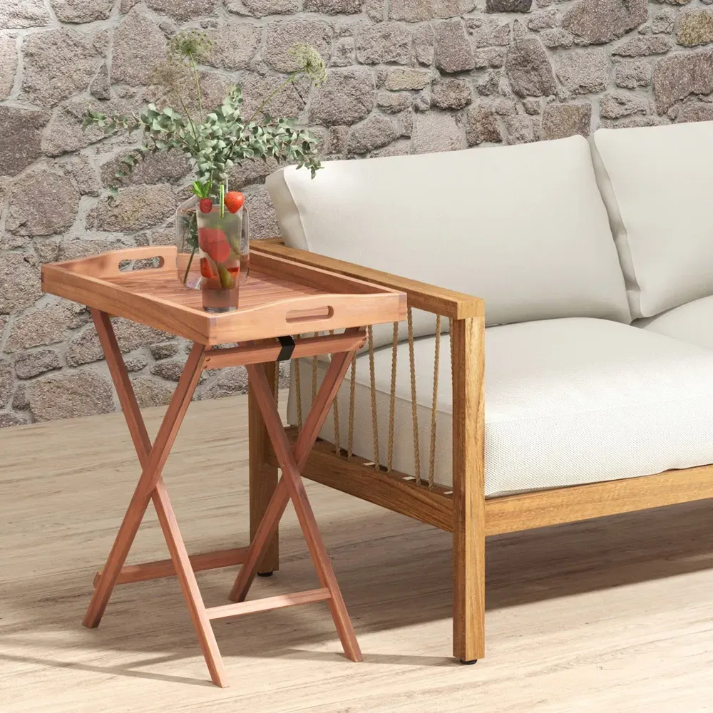 Slatted Top Folding Side Table - Cream, Acacia Wood