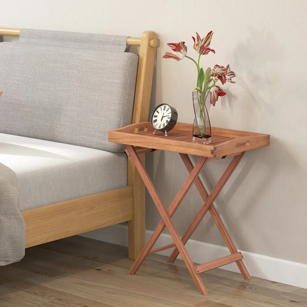 Slatted Top Folding Side Table - Cream, Acacia Wood