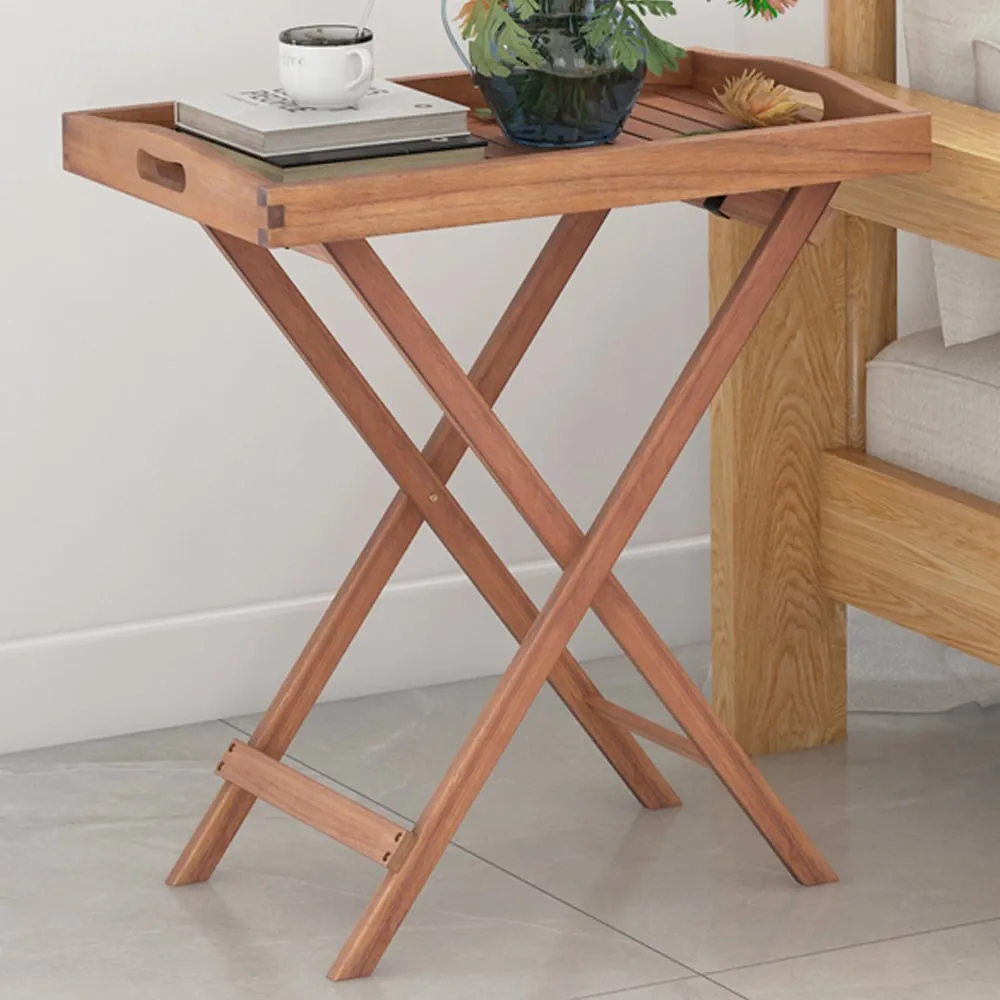 Slatted Top Folding Side Table - Cream, Acacia Wood