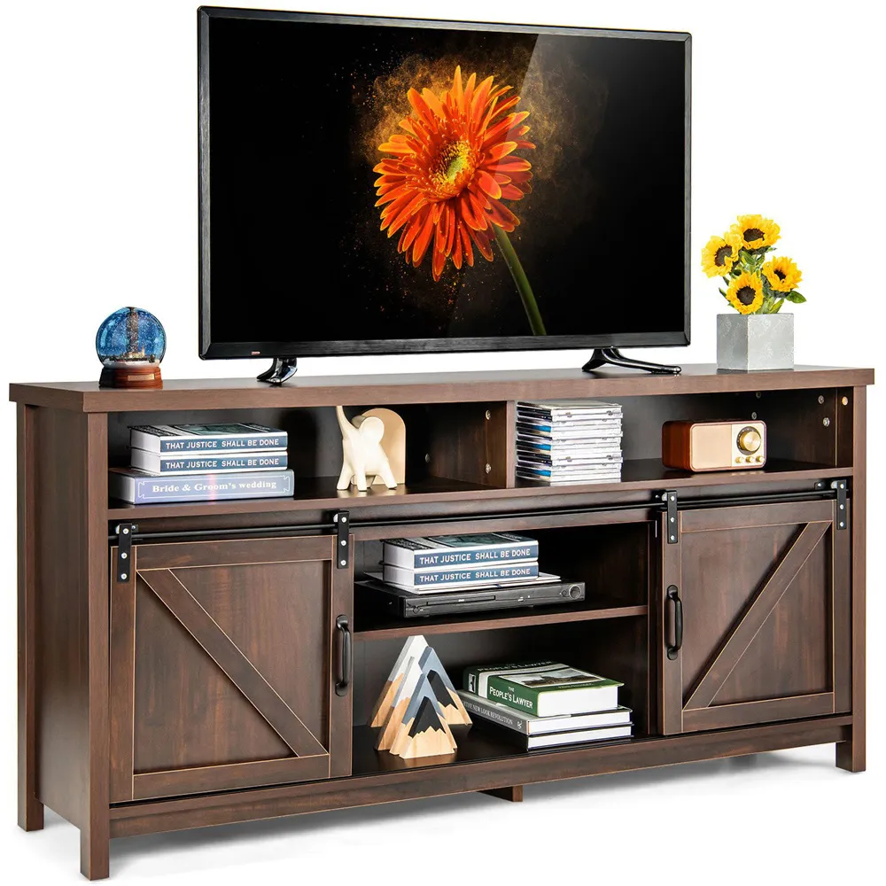 Sliding Door Farmhouse TV Unit - Dark Brown