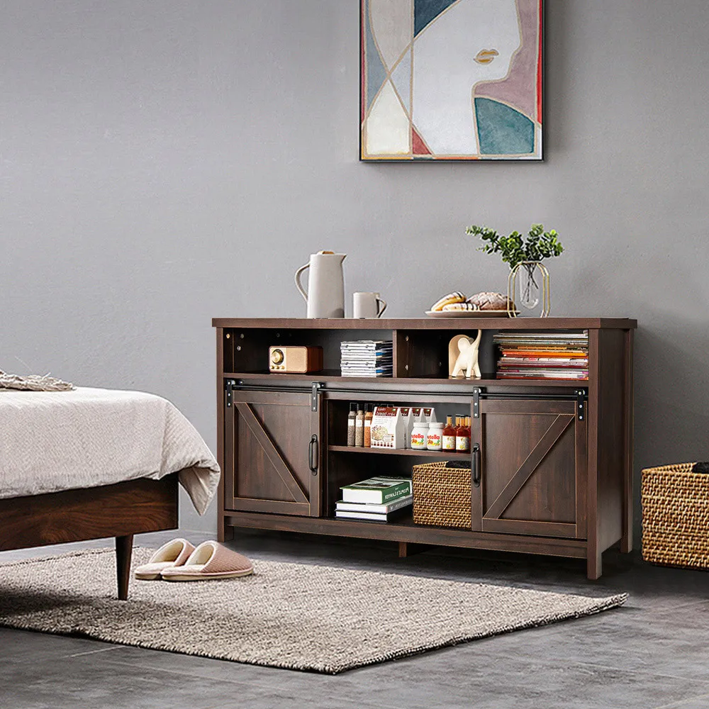 Sliding Door Farmhouse TV Unit - Dark Brown