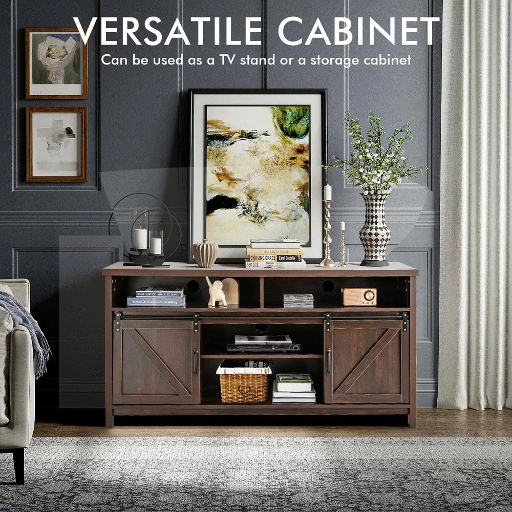 Sliding Door Farmhouse TV Unit - Dark Brown