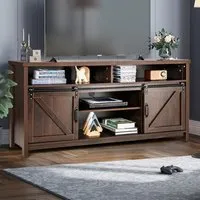 Sliding Door Farmhouse TV Unit - Dark Brown