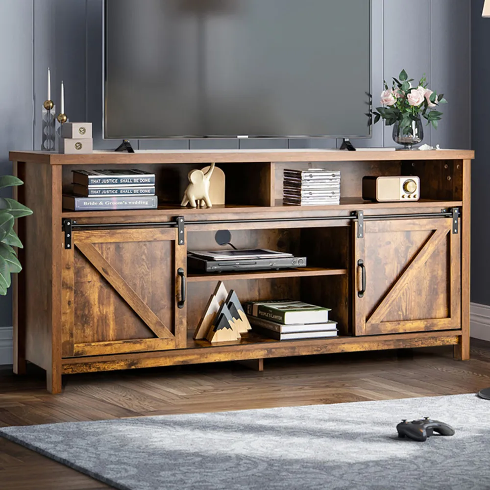 Sliding Door Farmhouse TV Unit - Rustic Brown