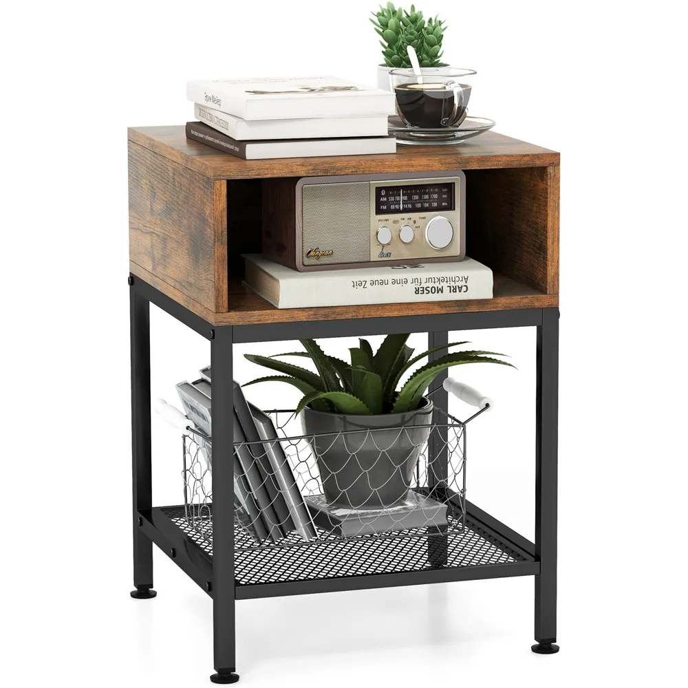 Square 2 Shelf Side Table with Mesh Storage - Brown