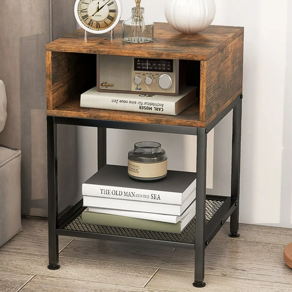 Square 2 Shelf Side Table with Mesh Storage - Brown