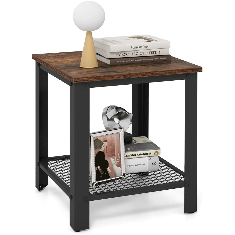 Square Sofa Side Table with Shelf - Rustic Brown