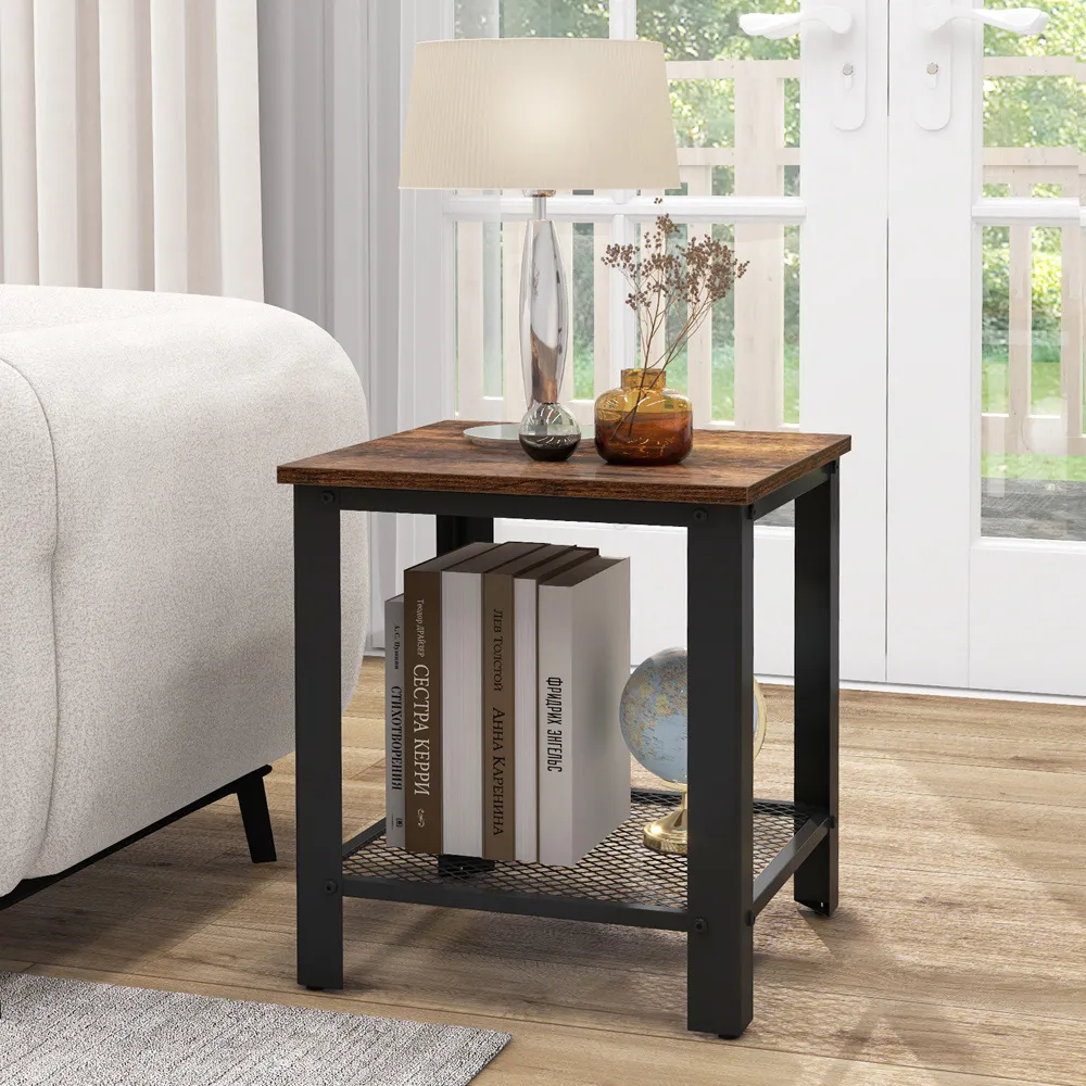 Square Sofa Side Table with Shelf - Rustic Brown