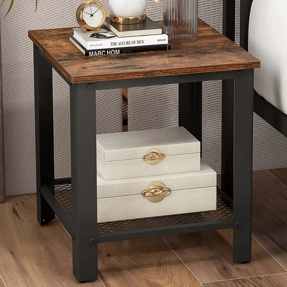 Square Sofa Side Table with Shelf - Rustic Brown