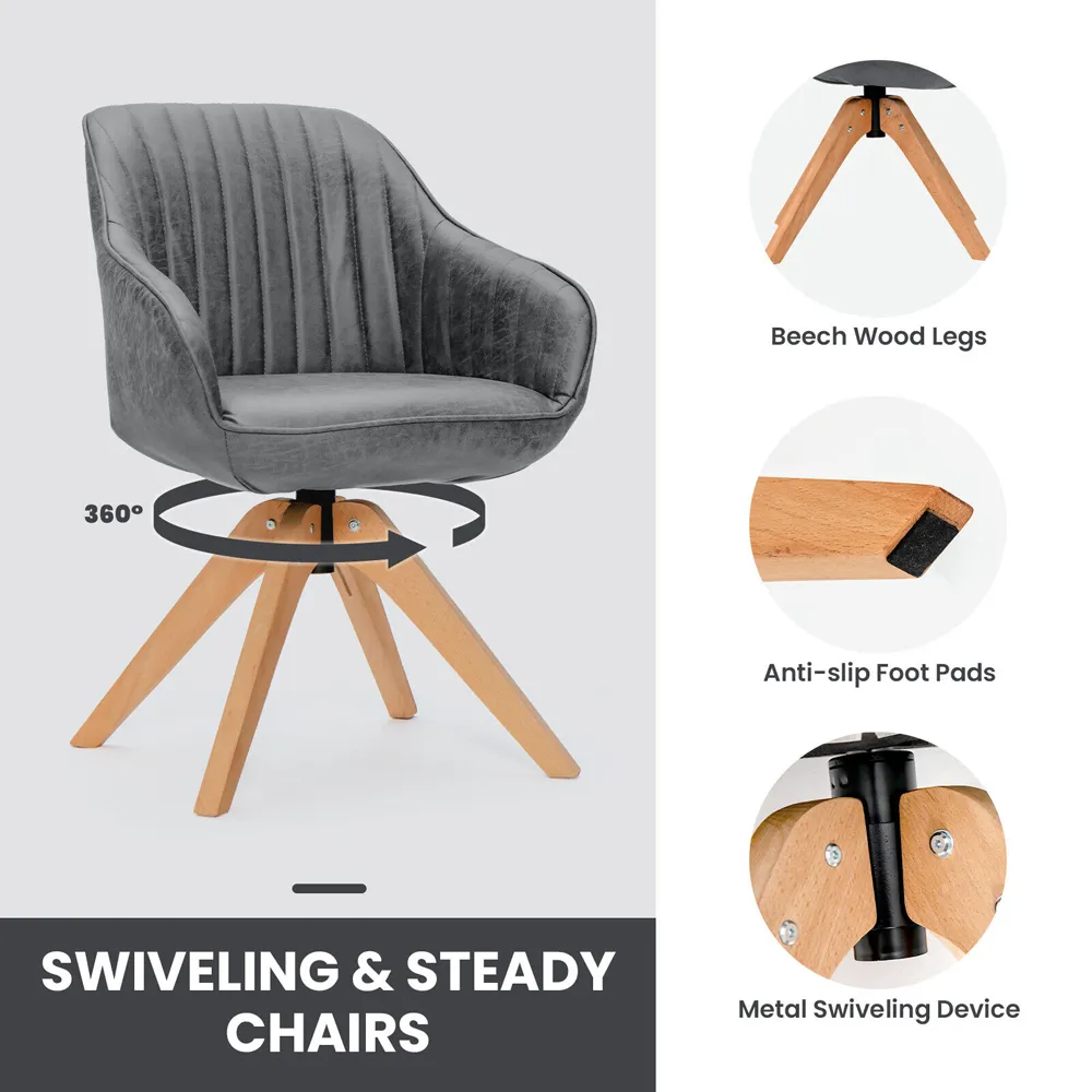 Swivel Accent Chair Set of 2 with Wood Legs - Grey, Leather