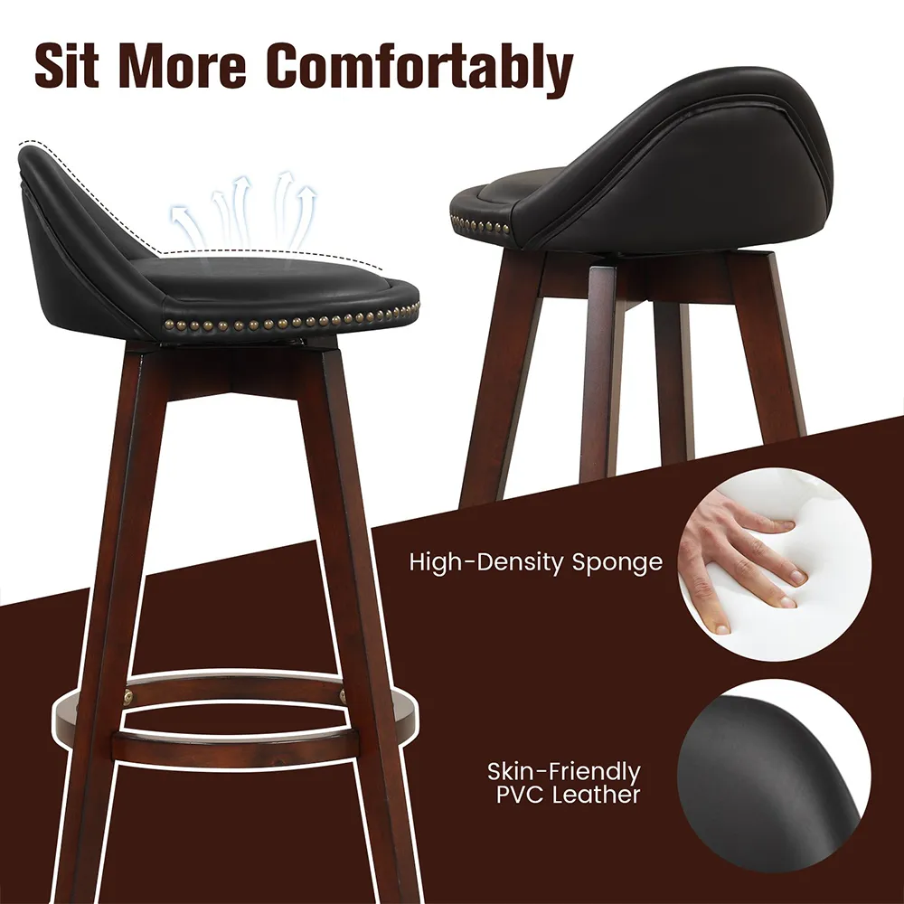 Swivel Bar Stool Set of 2 - Black, PVC Leather