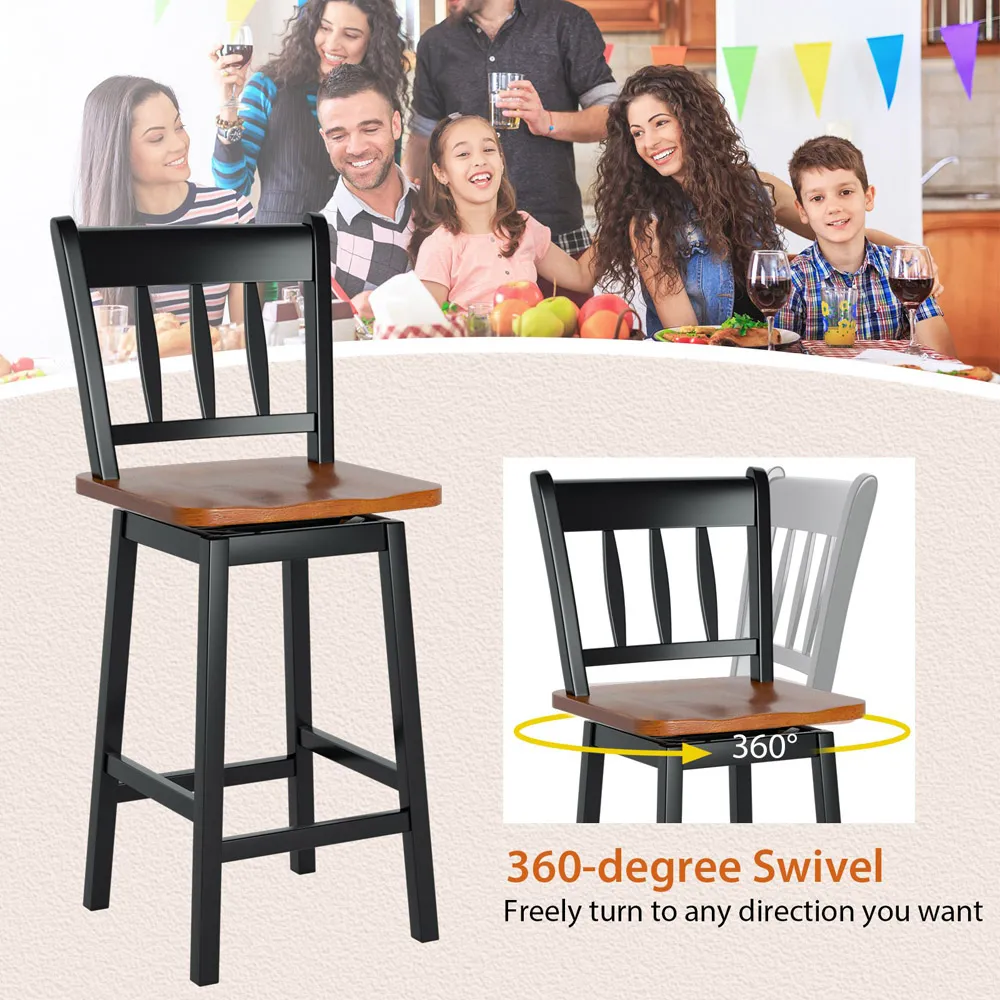 Swivel Bar Stool Set of 2 - Black, Rubber Wood