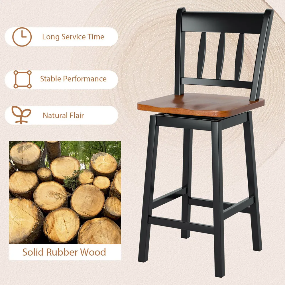 Swivel Bar Stool Set of 2 - Black, Rubber Wood