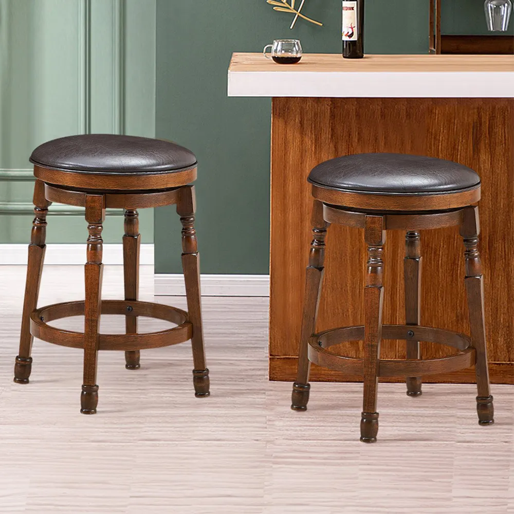 Swivel Bar Stool with Footrest Set of 2 - Black, PU Leather