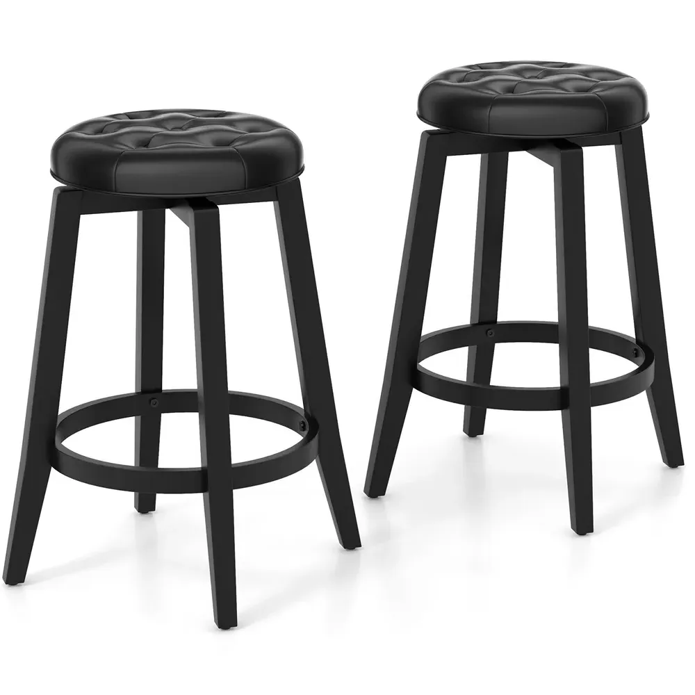 Swivel Upholstered Bar Stool Set of 2 - Black, Rubber Wood