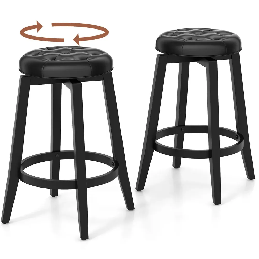 Swivel Upholstered Bar Stool Set of 2 - Black, Rubber Wood