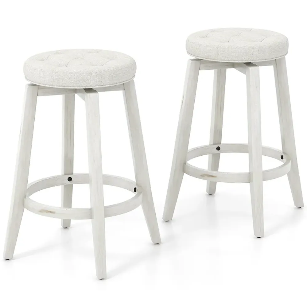 Swivel Upholstered Bar Stool Set of 2 - White, Rubber Wood