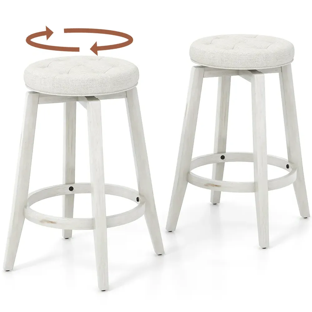Swivel Upholstered Bar Stool Set of 2 - White, Rubber Wood