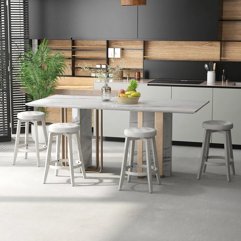 Swivel Upholstered Bar Stool Set of 2 - White, Rubber Wood