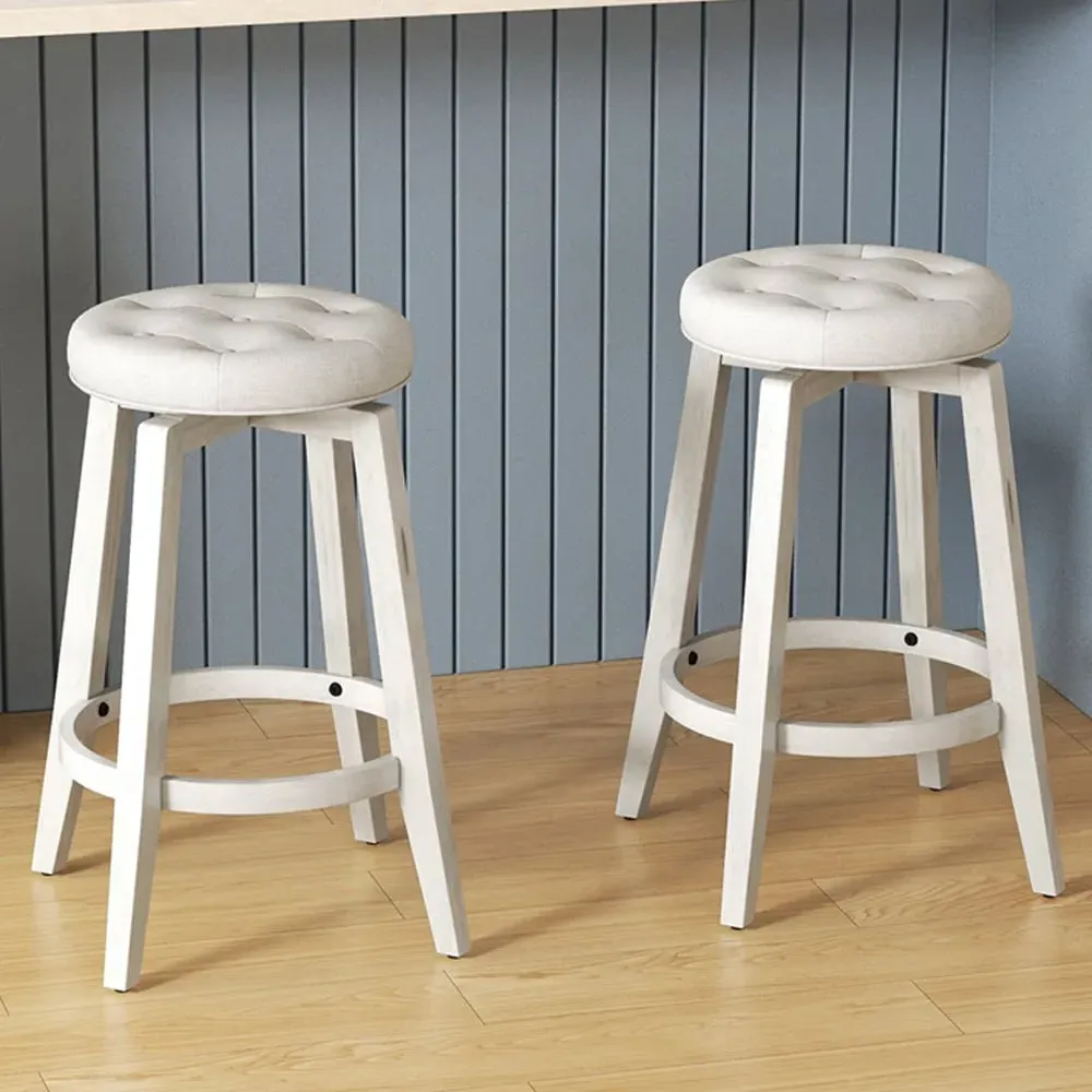 Swivel Upholstered Bar Stool Set of 2 - White, Rubber Wood