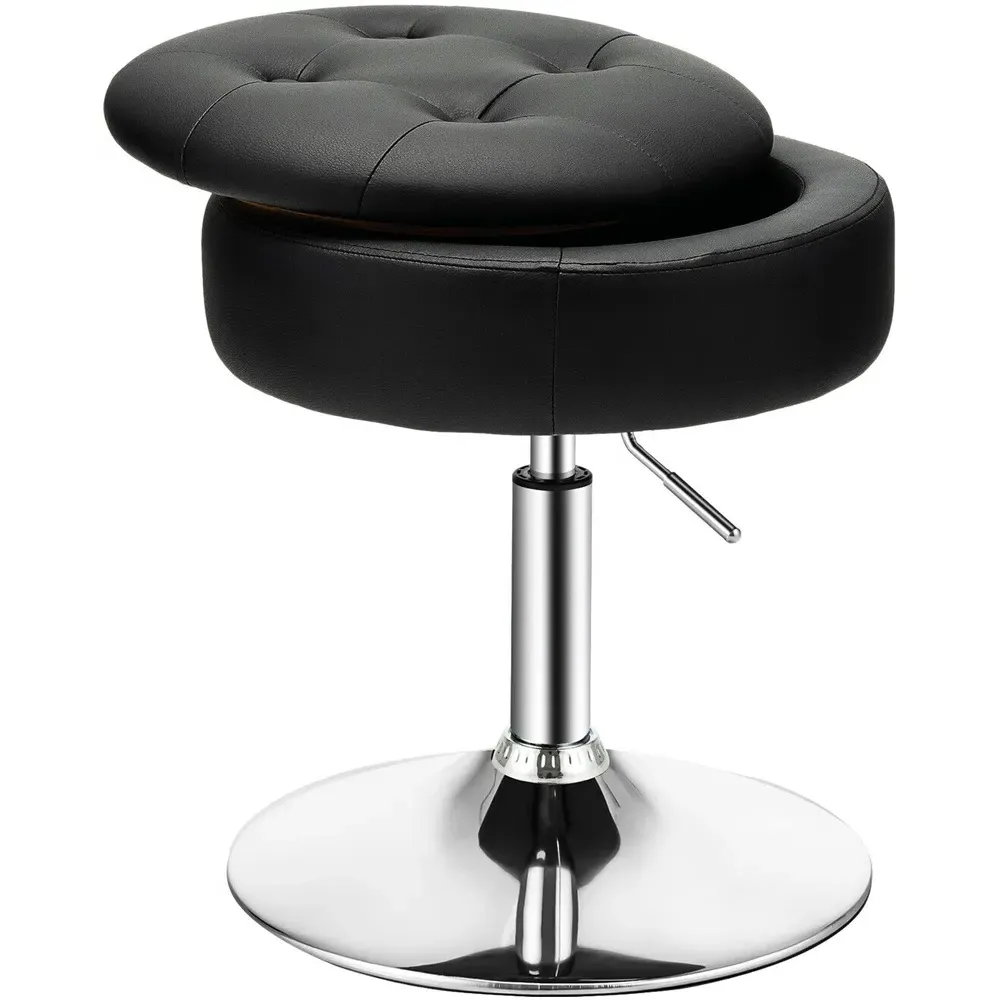 Swivel Vanity Stool with Storage - Black, PU Leather