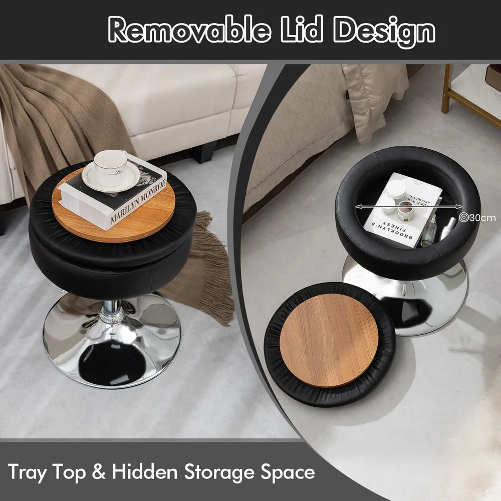 Swivel Vanity Stool with Storage - Black, PU Leather