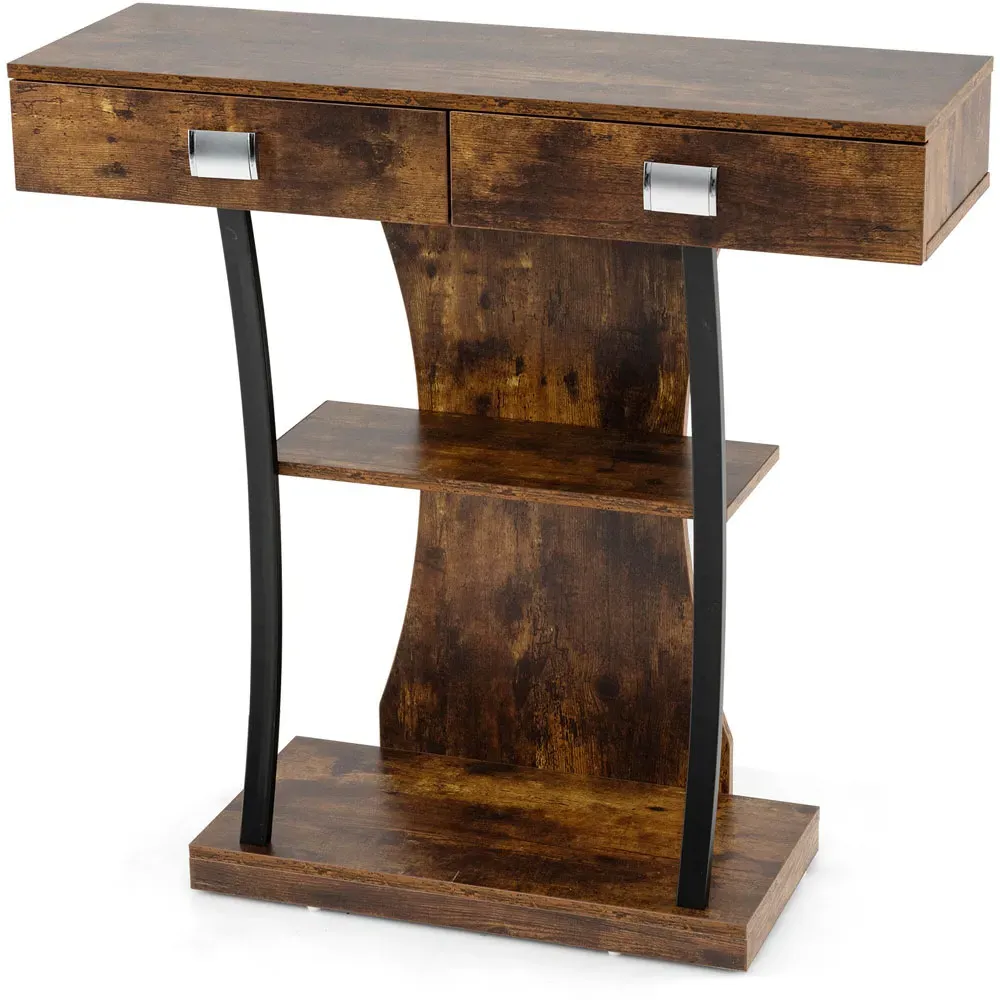 T-Shape Console Table with Storage - Rustic Brown