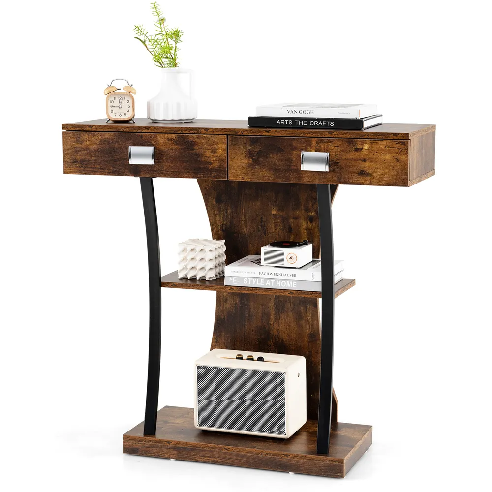 T-Shape Console Table with Storage - Rustic Brown