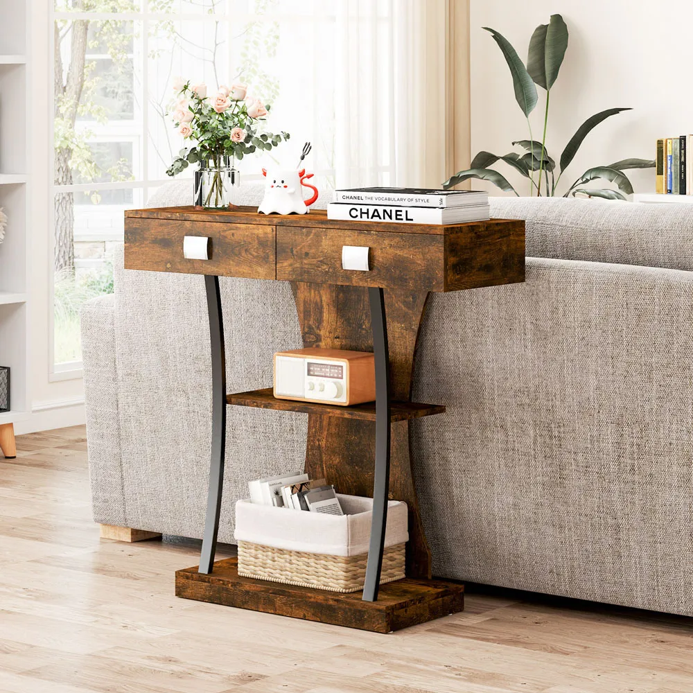T-Shape Console Table with Storage - Rustic Brown