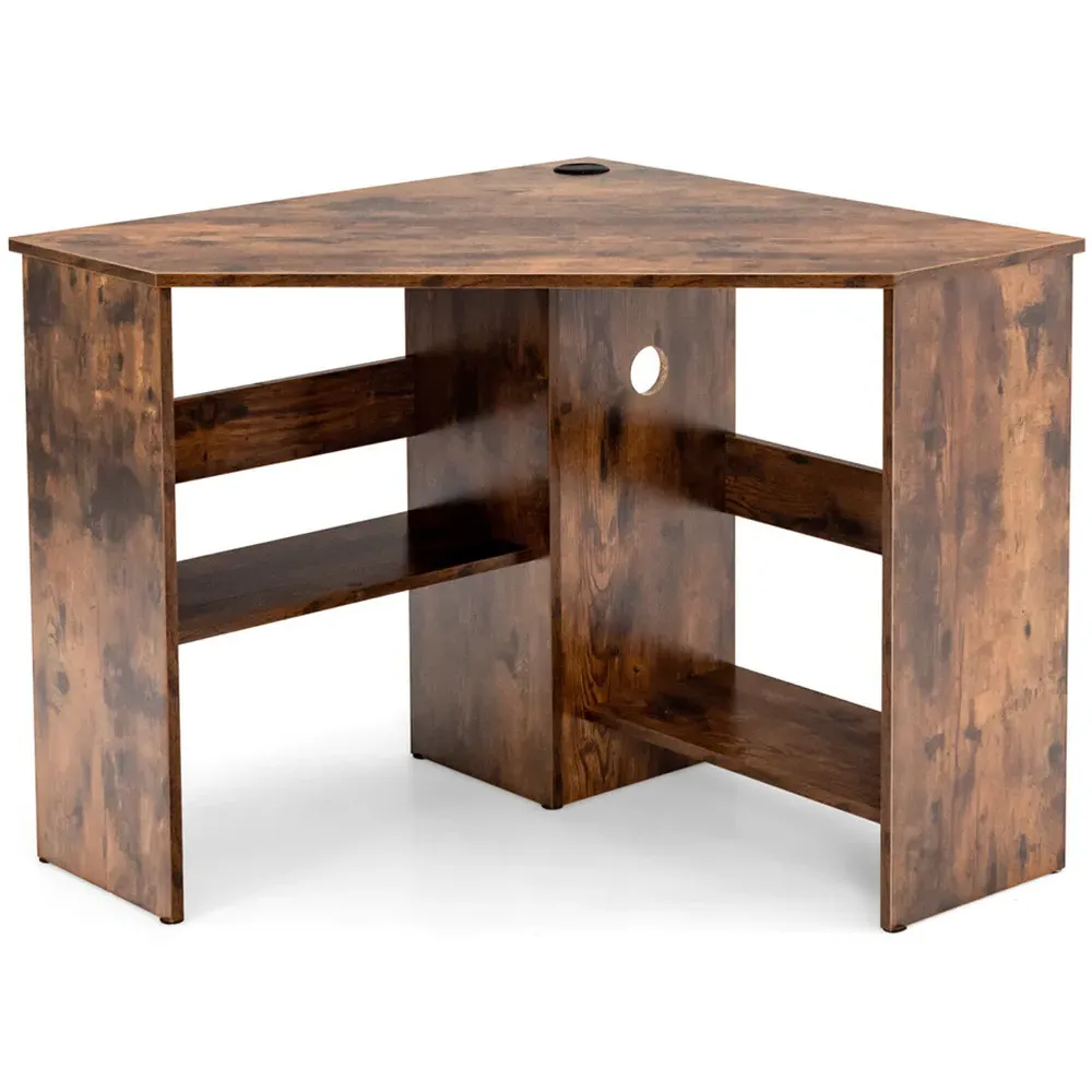Triangle Corner Computer Desk with Open Shelf - Brown