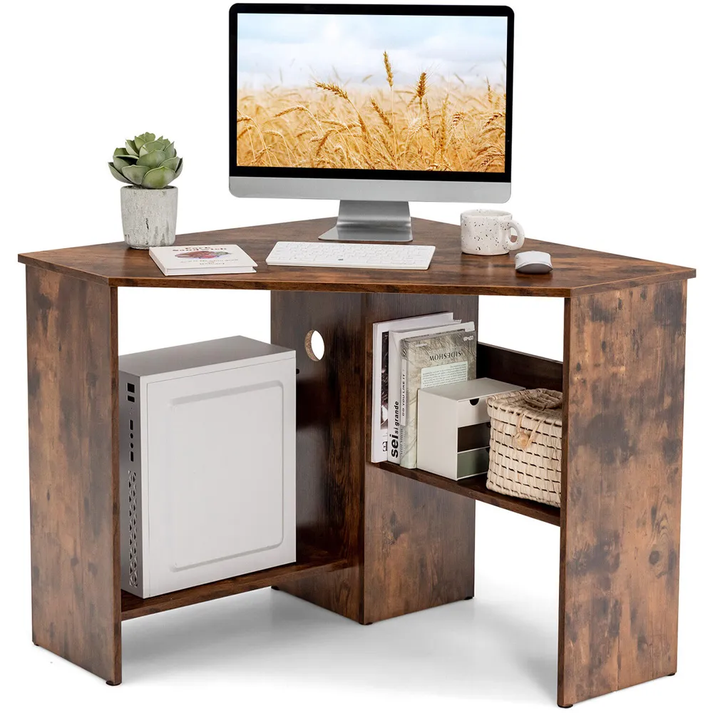 Triangle Corner Computer Desk with Open Shelf - Brown