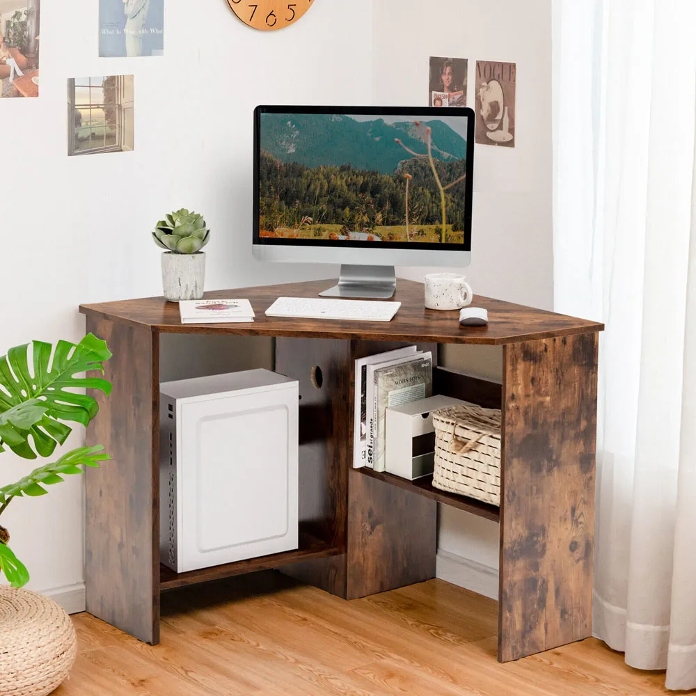 Triangle Corner Computer Desk with Open Shelf - Brown