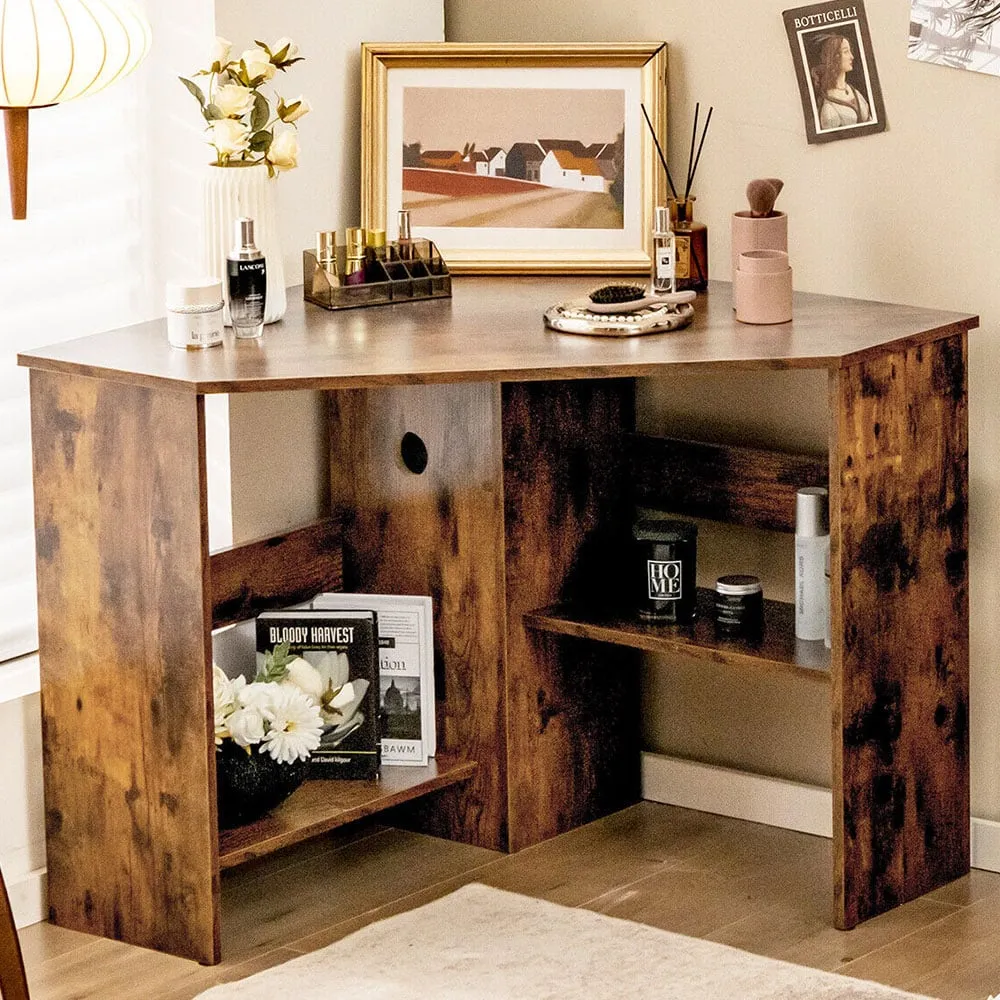 Triangle Corner Computer Desk with Open Shelf - Brown image