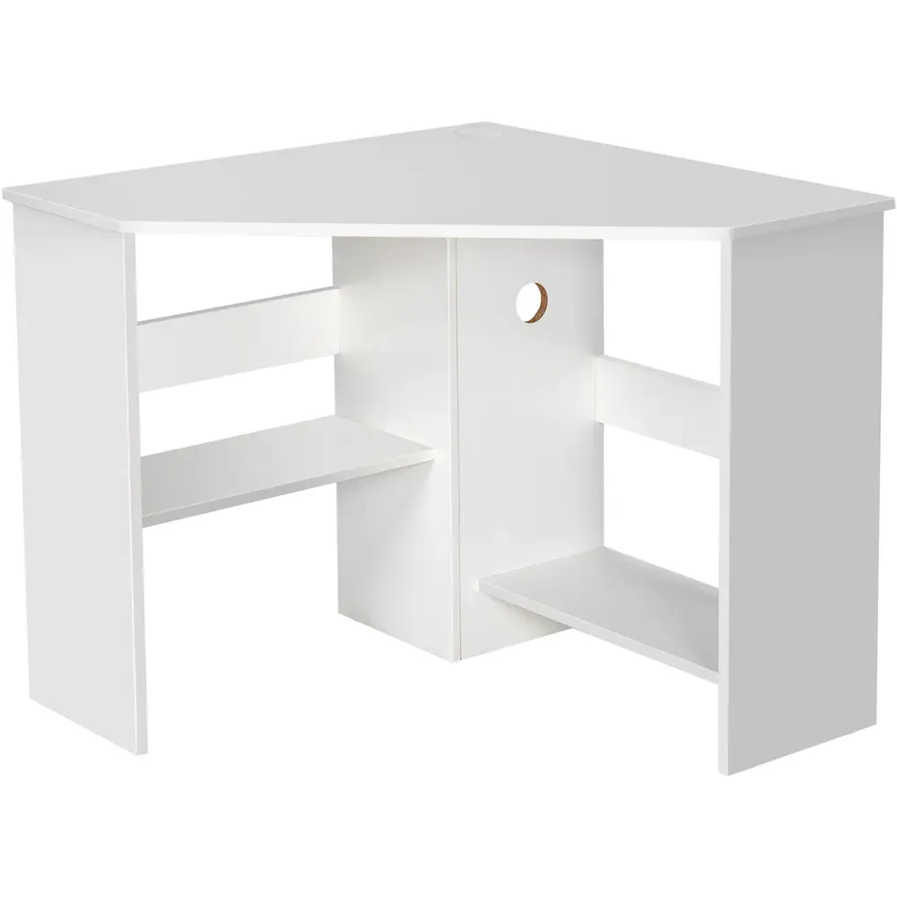 Triangle Corner Computer Desk with Open Shelf - White