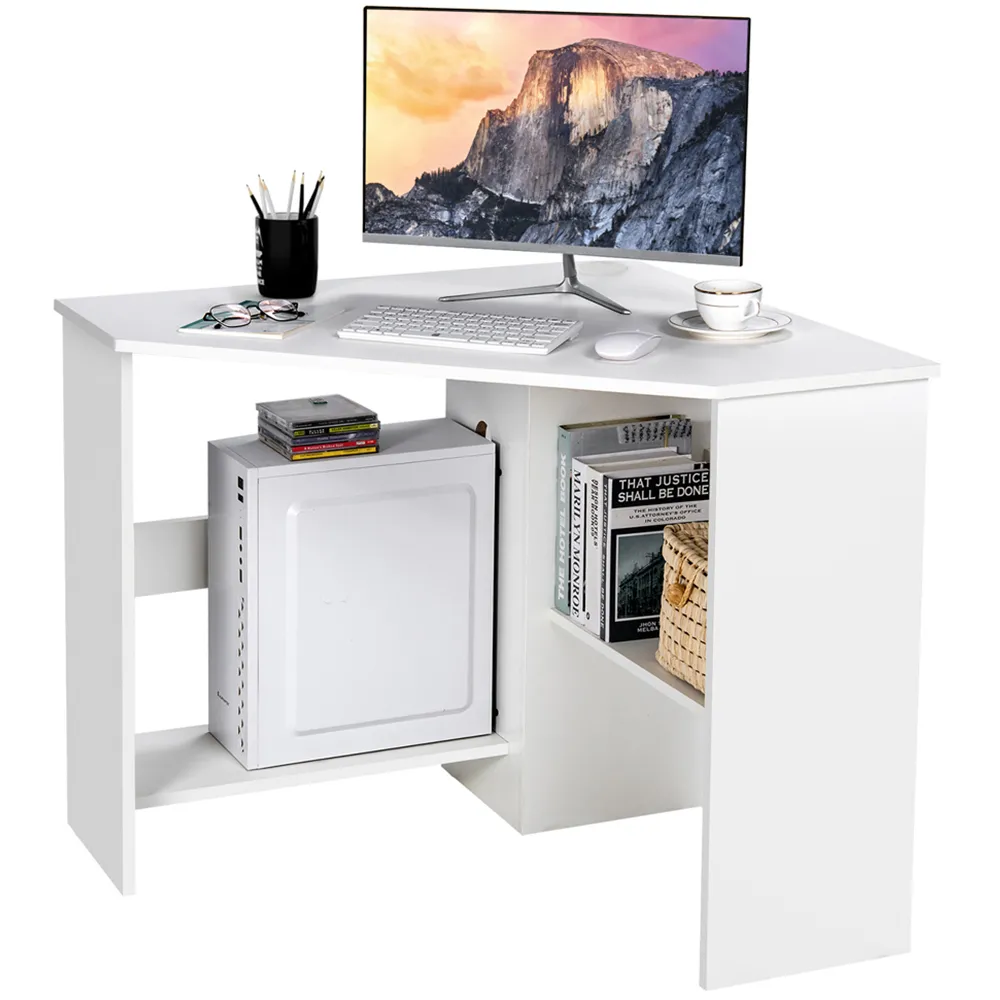 Triangle Corner Computer Desk with Open Shelf - White