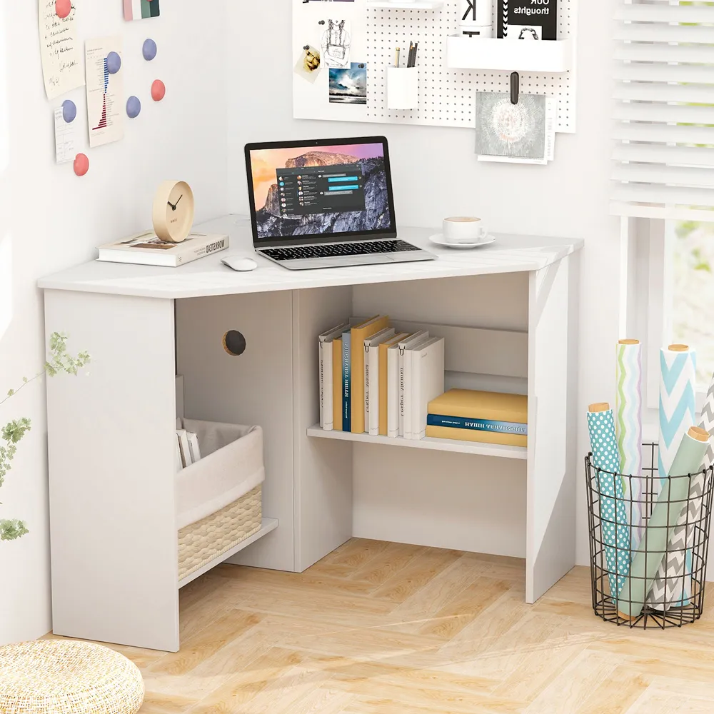 Triangle Corner Computer Desk with Open Shelf - White