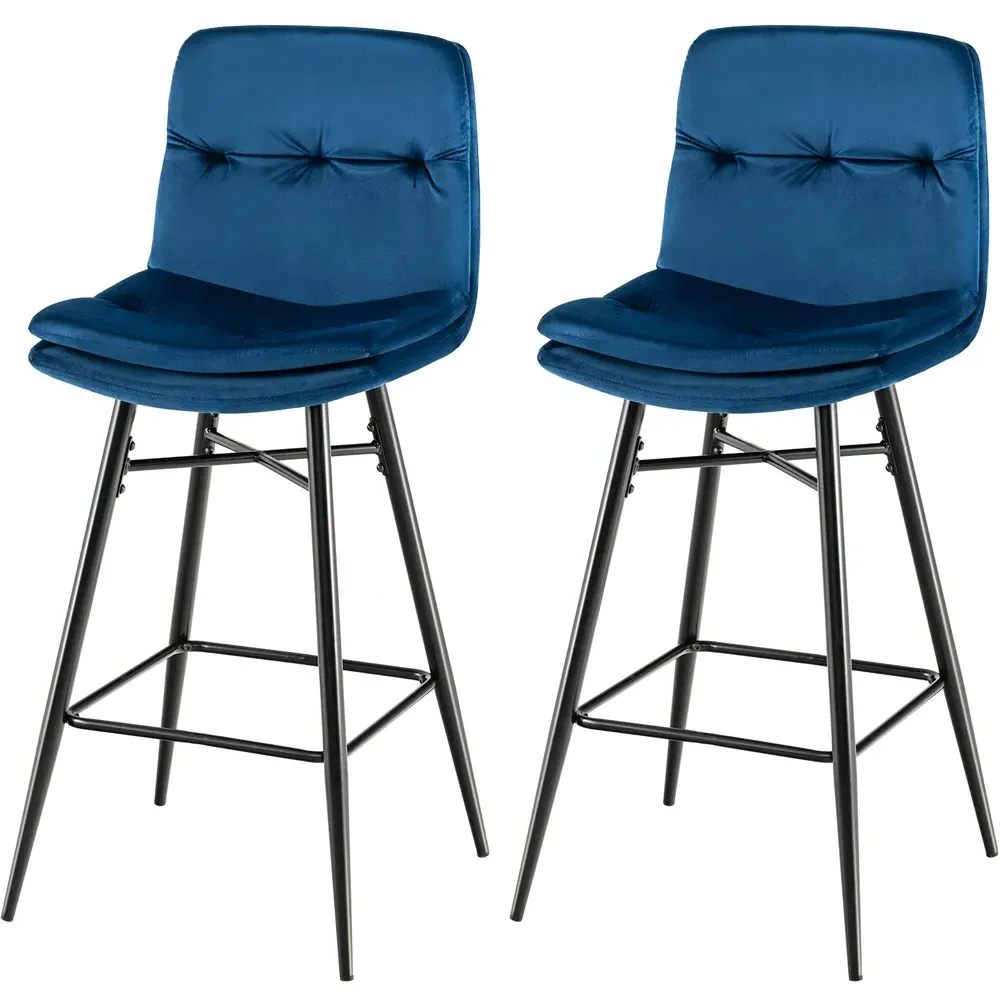 Tufted Back Bar Stool Set of 2 - Blue, Velvet