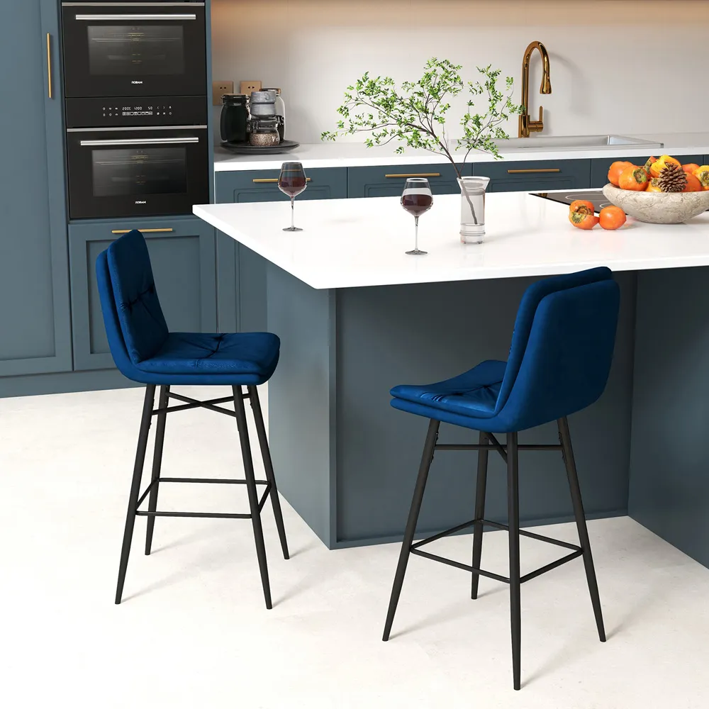 Tufted Back Bar Stool Set of 2 - Blue, Velvet