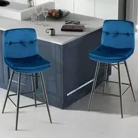 Tufted Back Bar Stool Set of 2 - Blue, Velvet